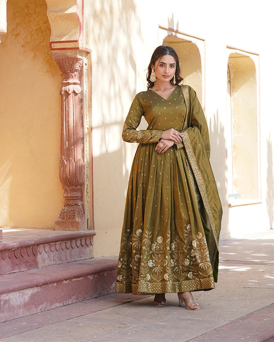 Designer Mehndi Color embroidered Viscose Cosmos Gown With Dupatta