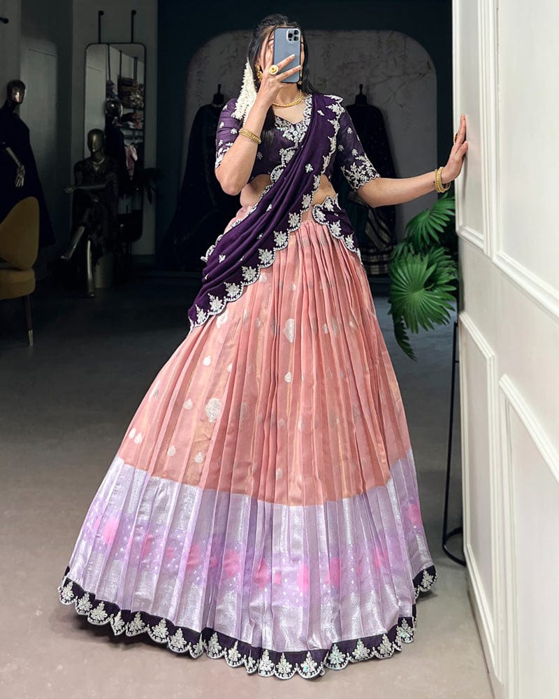 Peach Color Zari Kota Embroidered Lehenga Choli