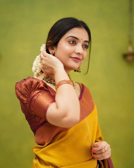 Mustard Yellow Soft Lichi Silk Saree