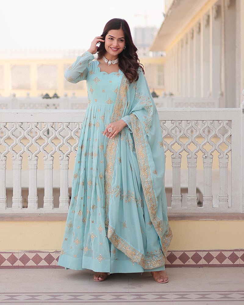 Sky Blue Color Faux Georgette Gown With Sequins Embroidered Dupatta