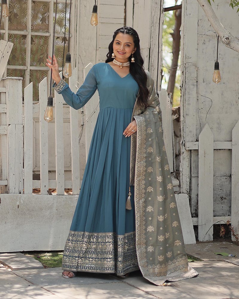 Designer Sky Blue Color Faux Georgette Embroidered Gown