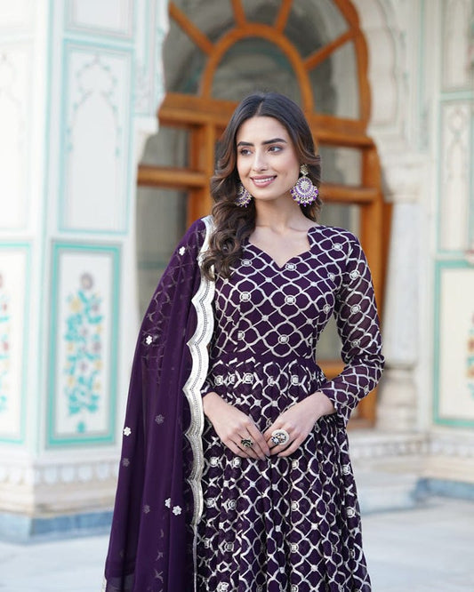 Designer Embroidery Work Wine Color Anarkali Gown With Dupatta