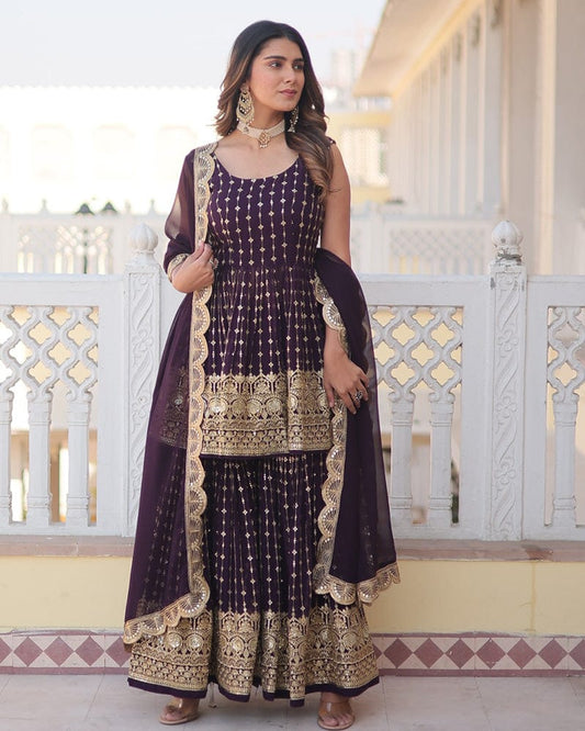 Designer Dark Wine Color Three Piece Gharara Suit