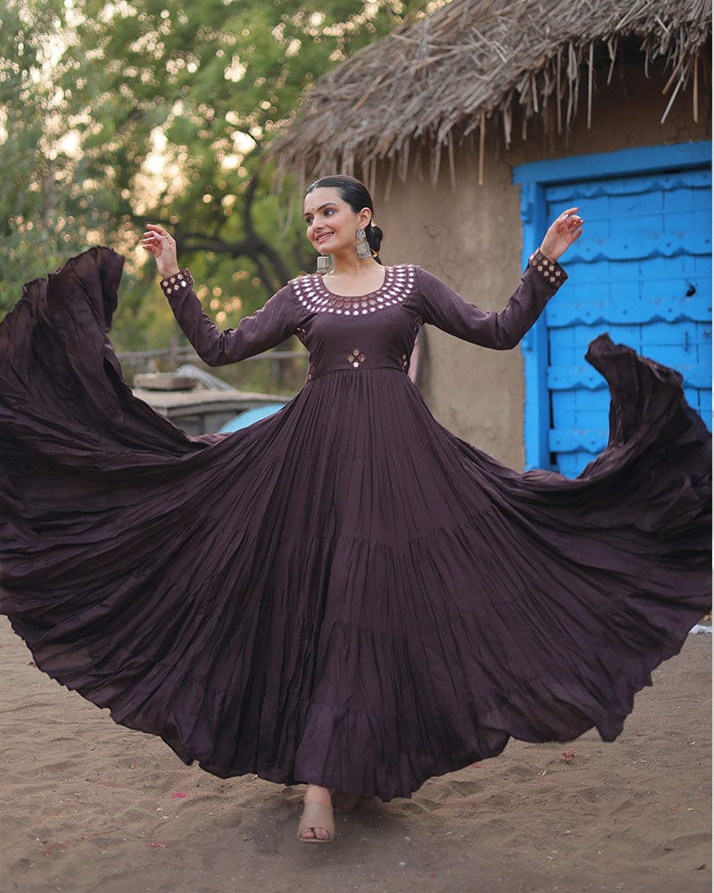 Dark Dusty Color Rayon Mirror Work Navratri Gown