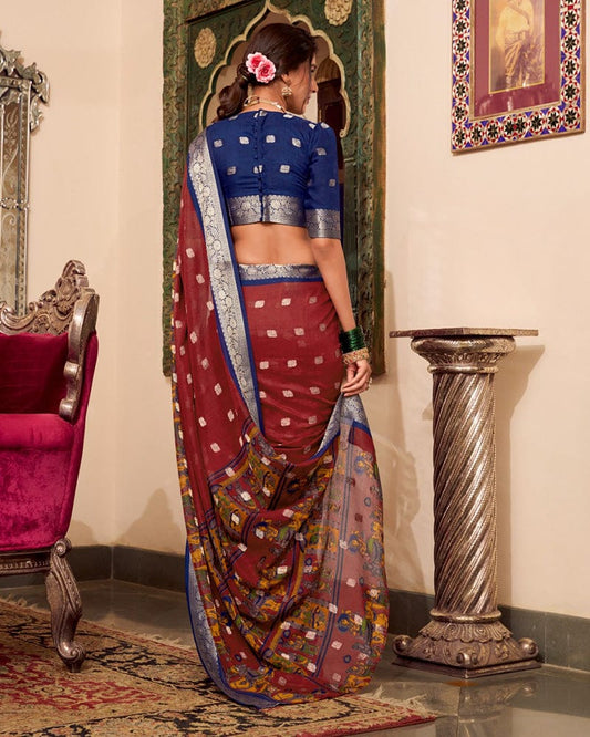 Maroon Color Poly Cotton Kalamkari Print With Zari Work saree