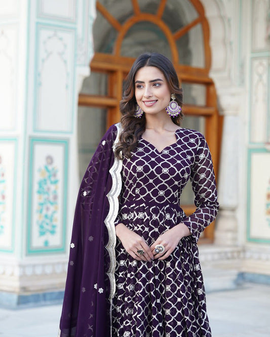 Designer Embroidery Work Wine Color Anarkali Gown With Dupatta