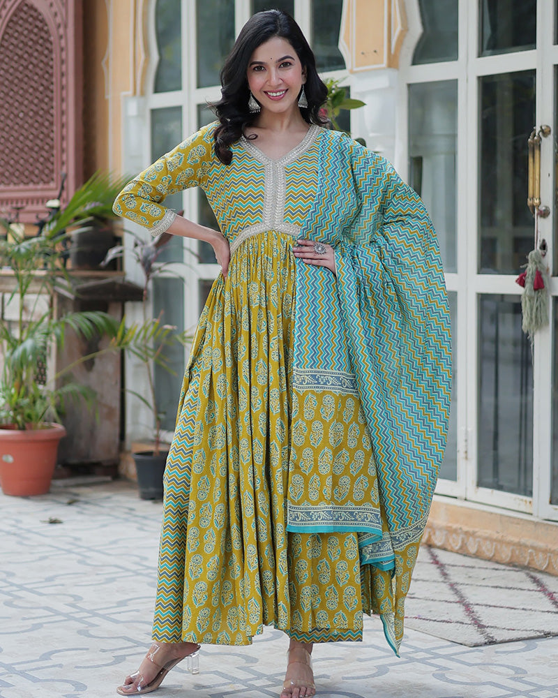 Lime Green Color Printed Pure Cotton Three Piece Kurti Suit