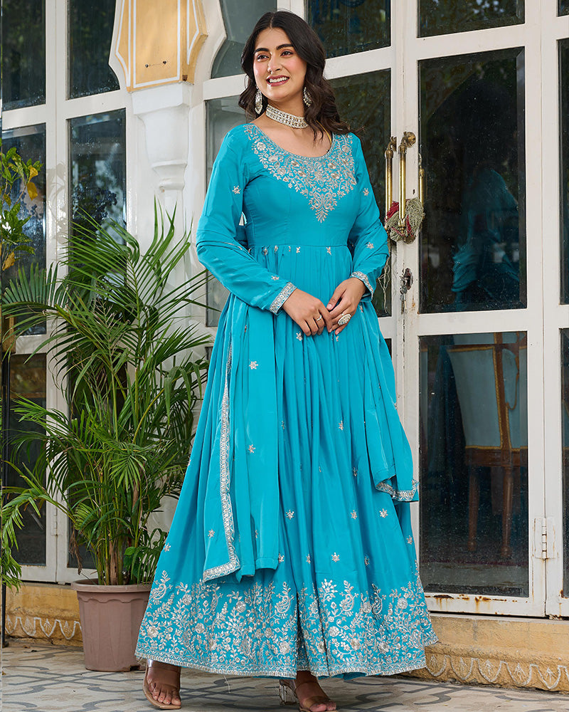 Sky Blue Color American Silk Thred with Sequnce work Gown