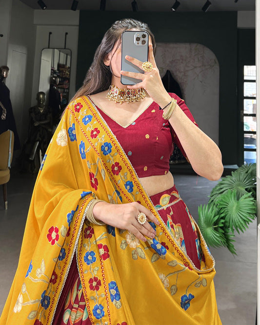 Maroon Color Tussar Silk Printed With Foil Work Lehenga Choli