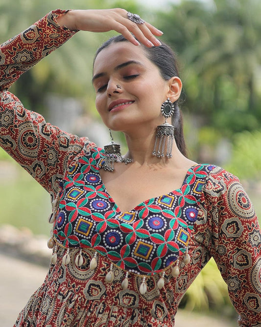 Maroon Color Cotton Printed Navratri Kurti