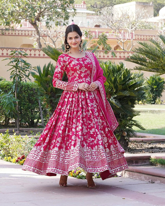 Designer Pink Color Sequence embroidered Viscose Jacquard Gown With Dupatta