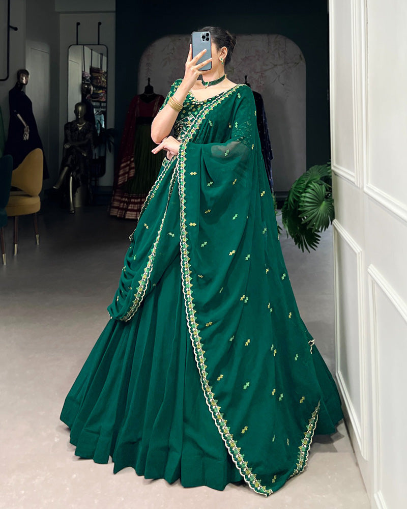 Bottle Green Color Georgette Embroidered Lehenga Choli