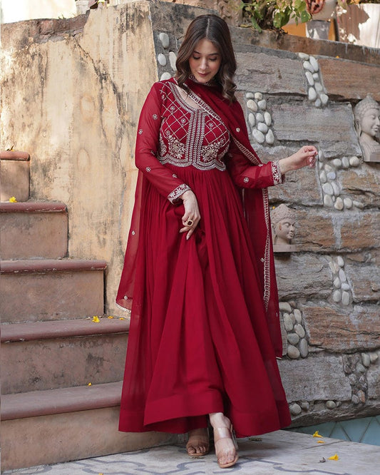 Maroon Color Faux Blooming Embroidered Gown With Dupatta