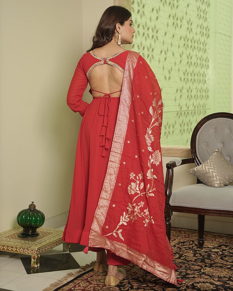 Red Color Georgette Anarkali With Dyable Jacquard Dupatta