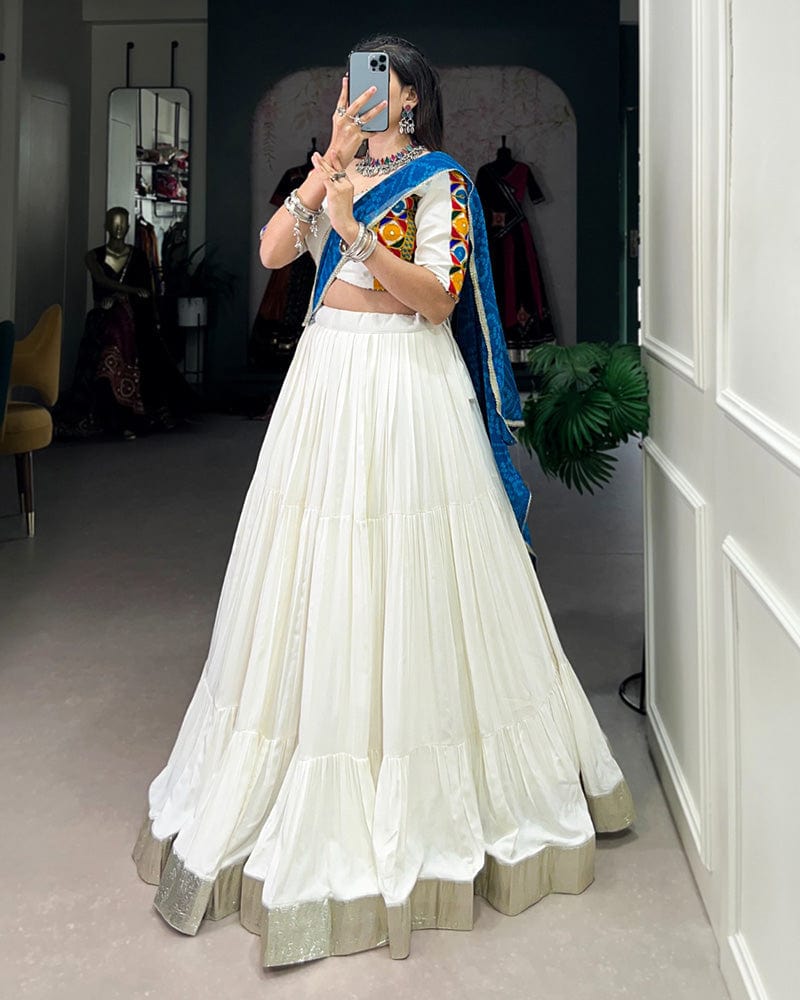 White Color Rayon Ruffle Style Navratri Lehenga Choli