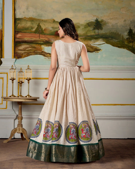 Green Color Dola Silk Kalamkari Gown With koti