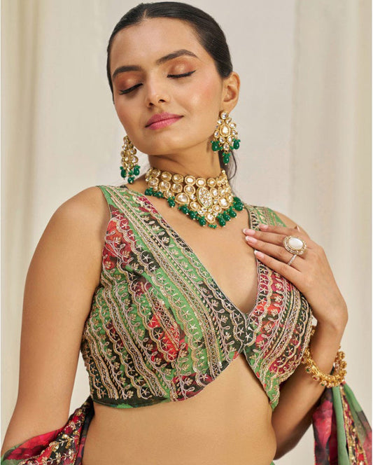 Red And Green Color Floral Printed Organza Lehenga Choli