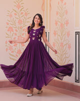 Wine Color Faux Blooming Embroidered work Gown