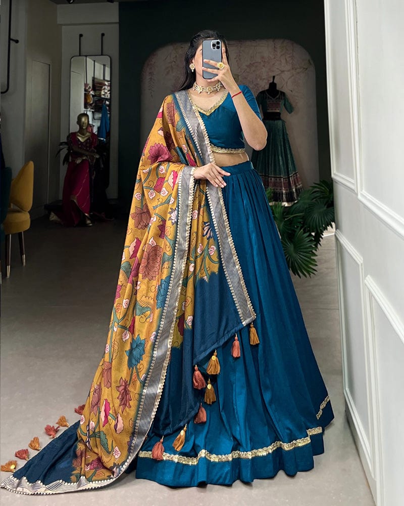 Firozi Color Pure Chinon Silk Plain Lehenga Choli