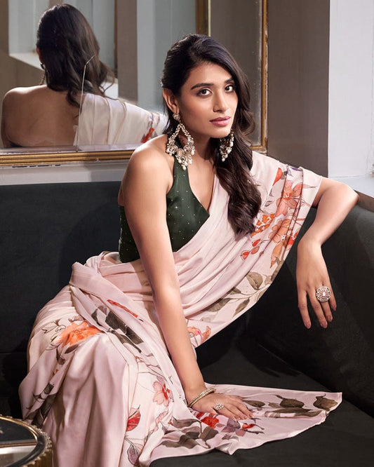 Off White Color Satin Silk Printed Saree