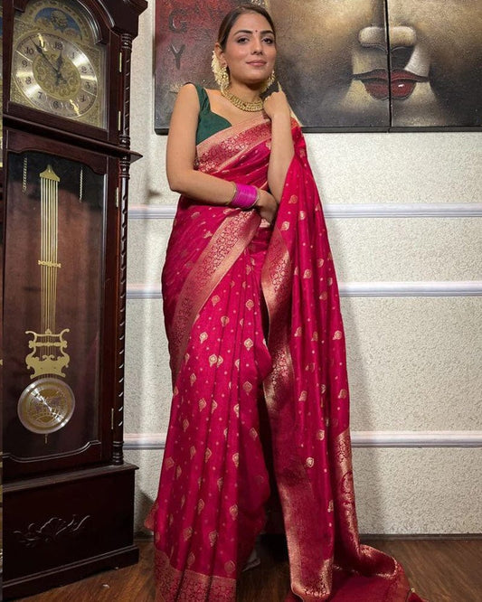 Rani Pink Color Small Butti Design Banarasi Soft Silk Saree
