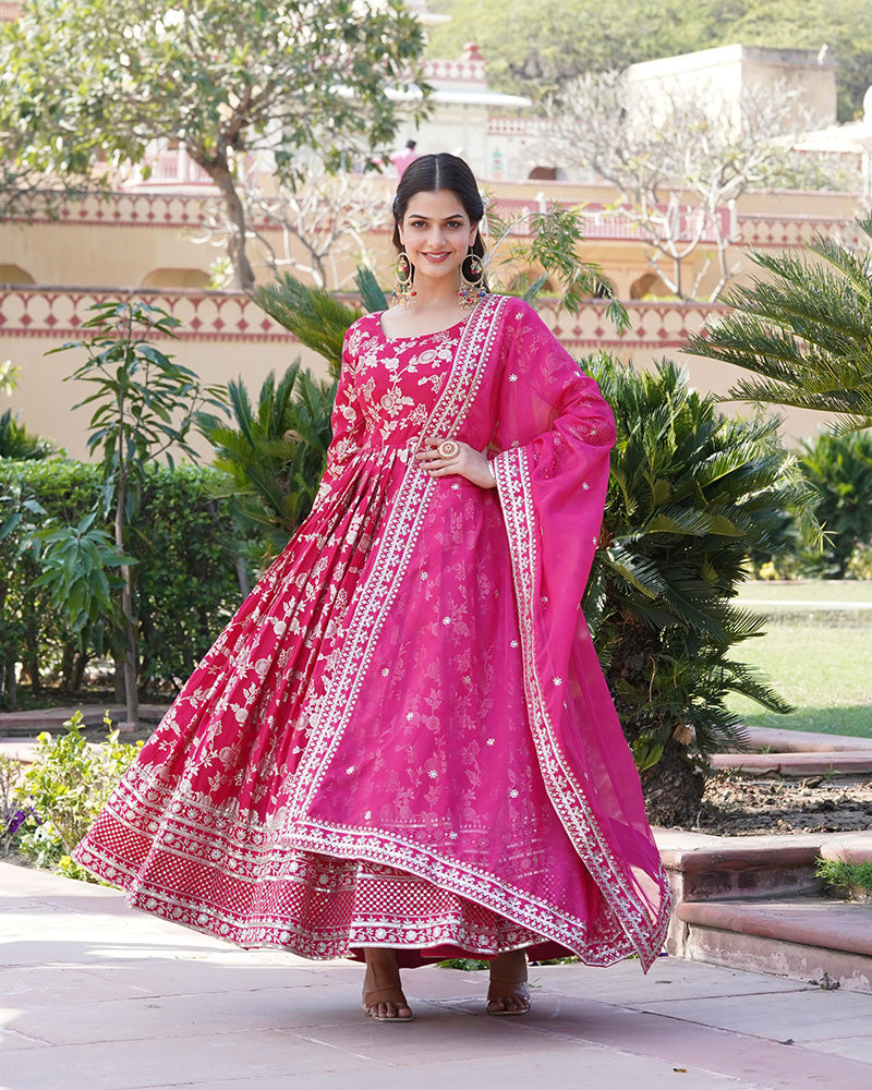 Designer Pink Color Sequence embroidered Viscose Jacquard Gown With Dupatta