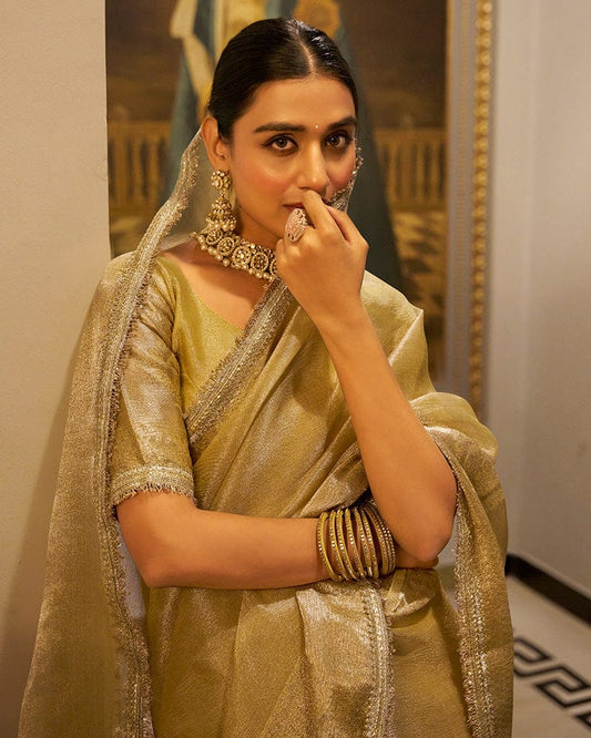 Golden Color Weightless Tissue Shimmer Saree