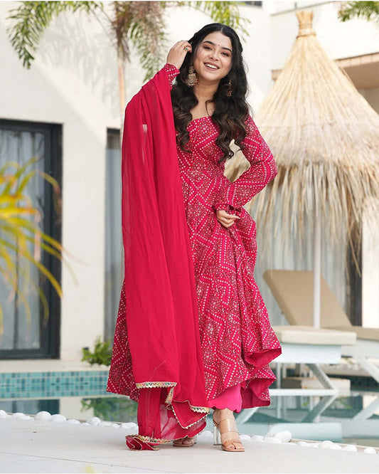 Rani Pink Color Rayon Bandhej Print Three Piece Anarkali Suit