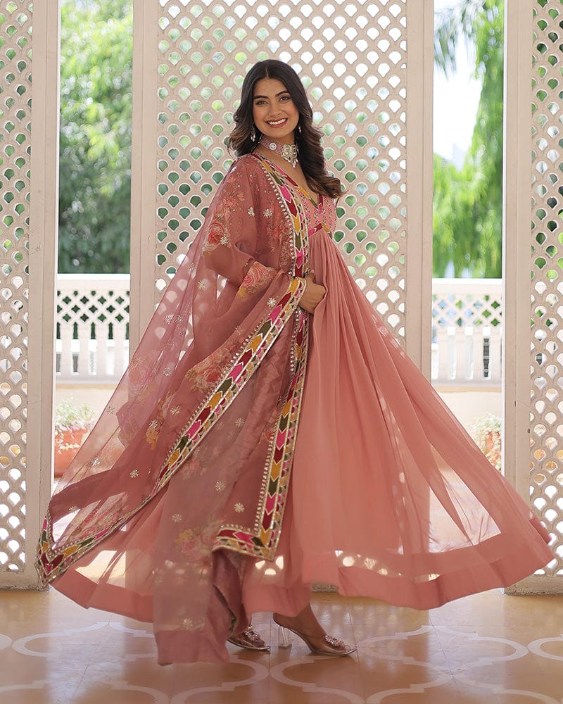 Peach Color Faux Georgette Alia Cut Gown With Dupatta