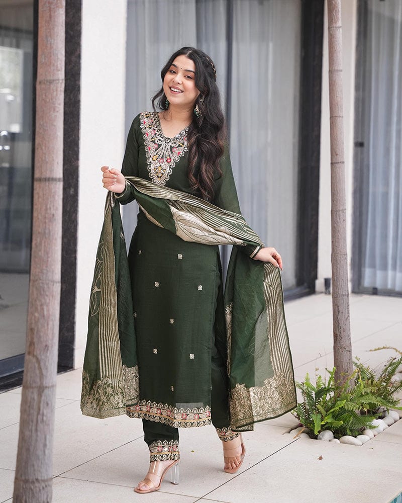 Green Color Roman Silk Embroidered Three Piece Kurti Suit