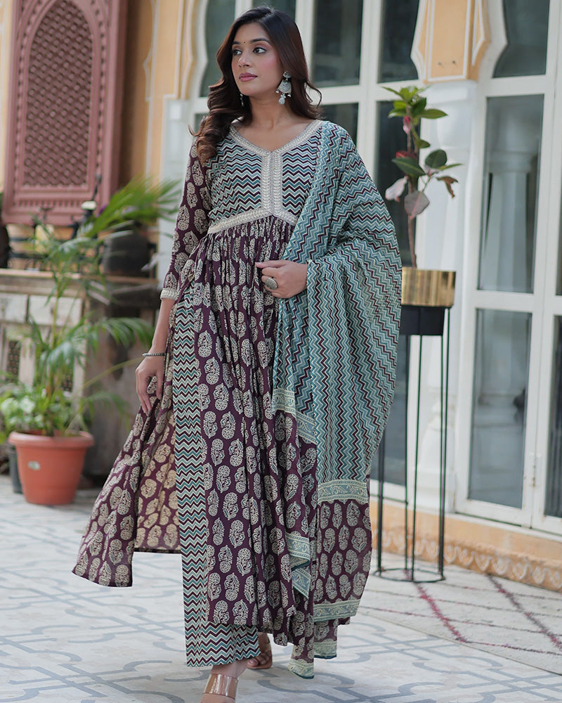 Coffee Brown Color Printed Pure Cotton Three Piece Kurti Suit