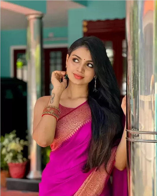 Rani Pink Color Banarasi Soft Silk Saree