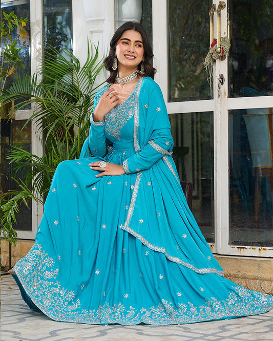 Sky Blue Color American Silk Thred with Sequnce work Gown
