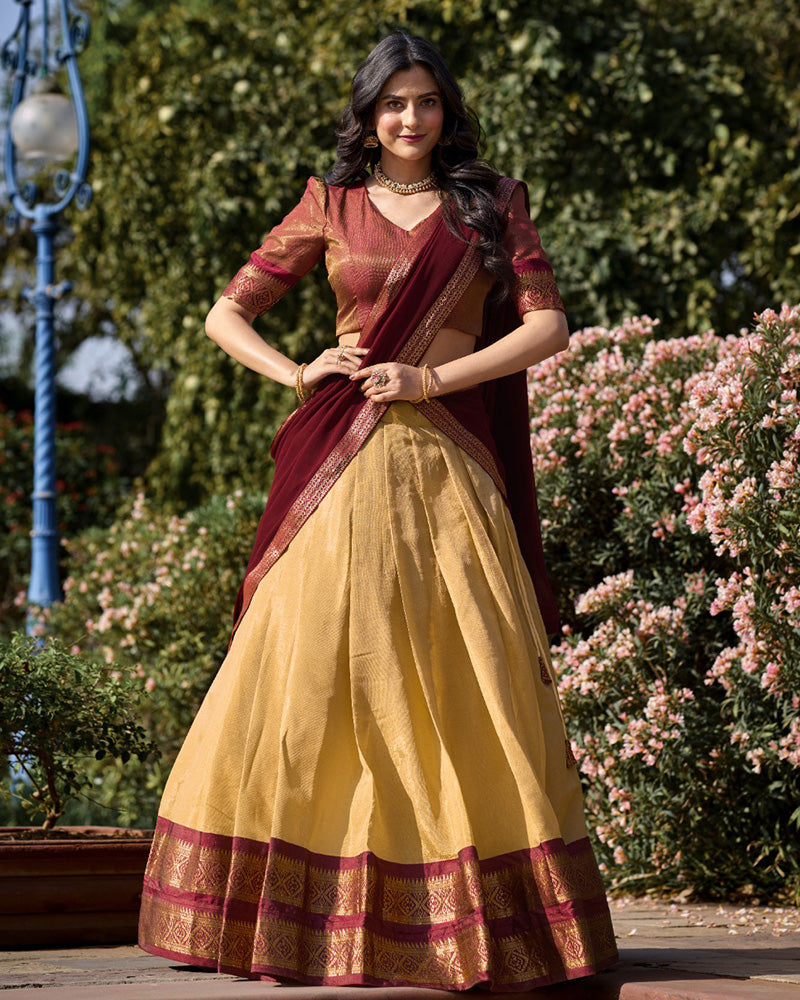Cream Color Kanchipuram Silk Designer Lehenga Choli