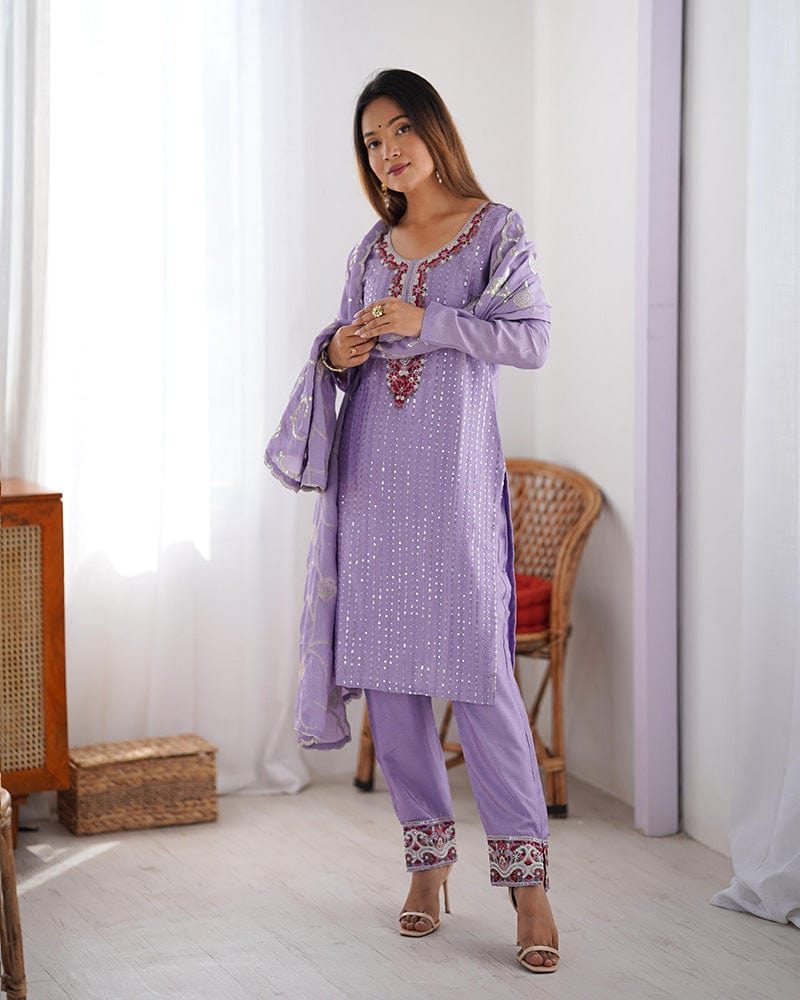 Light Purple Color Chinon Silk Three Piece Kurti Suit