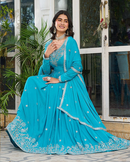 Sky Blue Color American Silk Thred with Sequnce work Gown