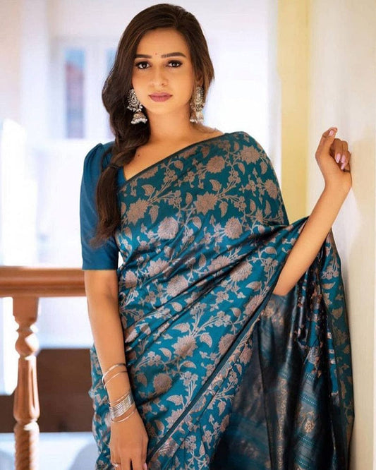 Rama Color Banarasi Jacquard Soft Silk Saree