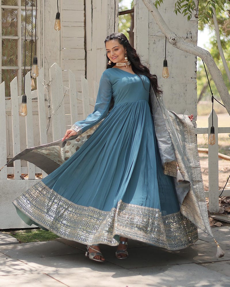 Designer Sky Blue Color Faux Georgette Embroidered Gown