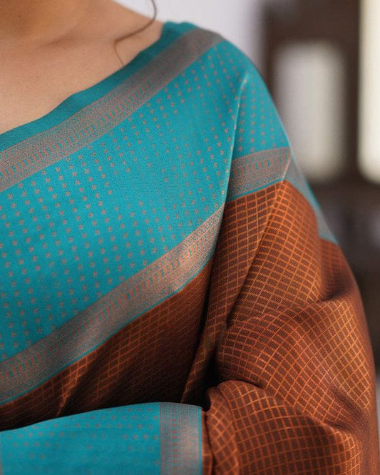 Sky Blue And Brown Color Soft Banarasi Silk Saree