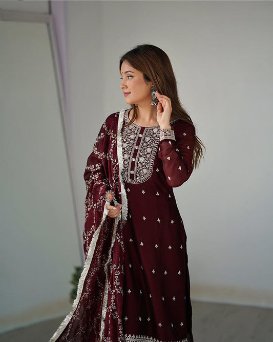 Maroon Color Rangoli Silk Three Piece Kurti Suit