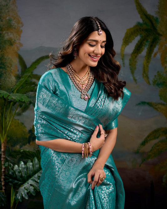 Firozi Color Kanjivaram Saree With Zari Work