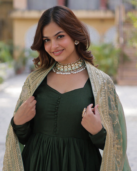 Mehndi Color Vichitra Shimmer Sequence Embroidered Gown