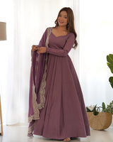 Onion Color Pure Chanderi Silk Three Piece Anarkali Suit