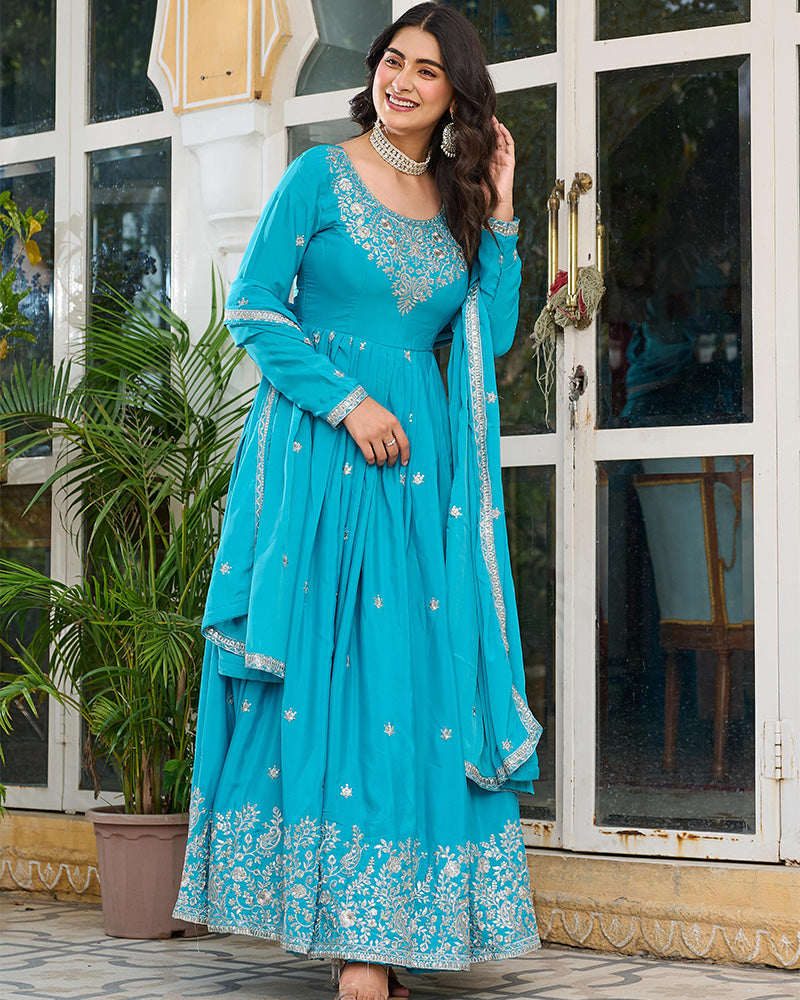Sky Blue Color American Silk Thred with Sequnce work Gown