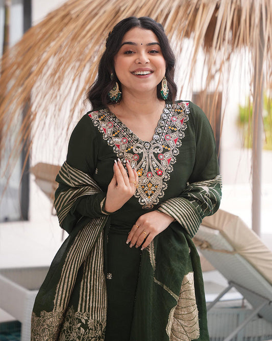 Green Color Roman Silk Embroidered Three Piece Kurti Suit