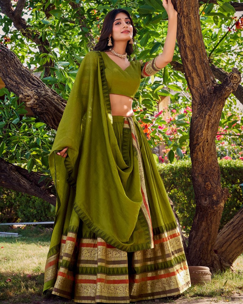 Mehndi Color Pure Chanderi Plain Lehenga Choli