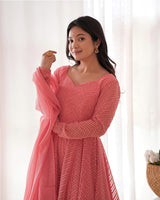 Dark Peach Color Georgette Lucknowi Three Piece Anarkali Suit