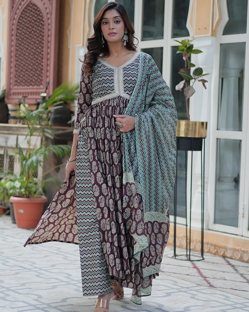 Coffee Brown Color Printed Pure Cotton Three Piece Kurti Suit