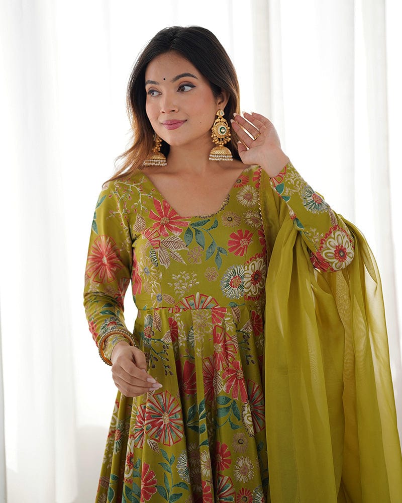 Mehndi Color Roman Silk Discharge Printed Plazzo Suit