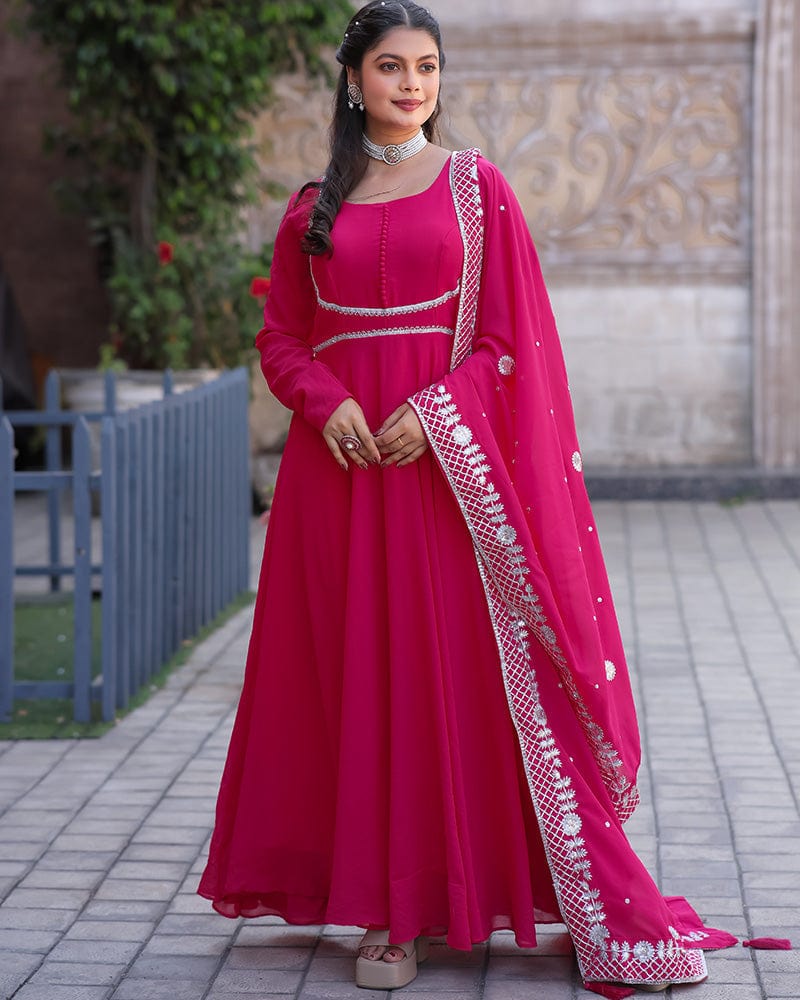Rani Pink Embroidered Dupatta Anarkali Three Piece Suit